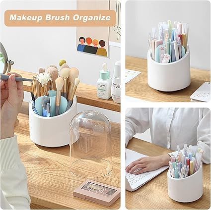 Portable Makeup Brush Holder with lid, 7 Compartment Cosmetic Storage Organizer, Rotating Pen Holder, Kitchen Organizer, Dustproof Countertop Makeup Storage Cases for Vanity (1)