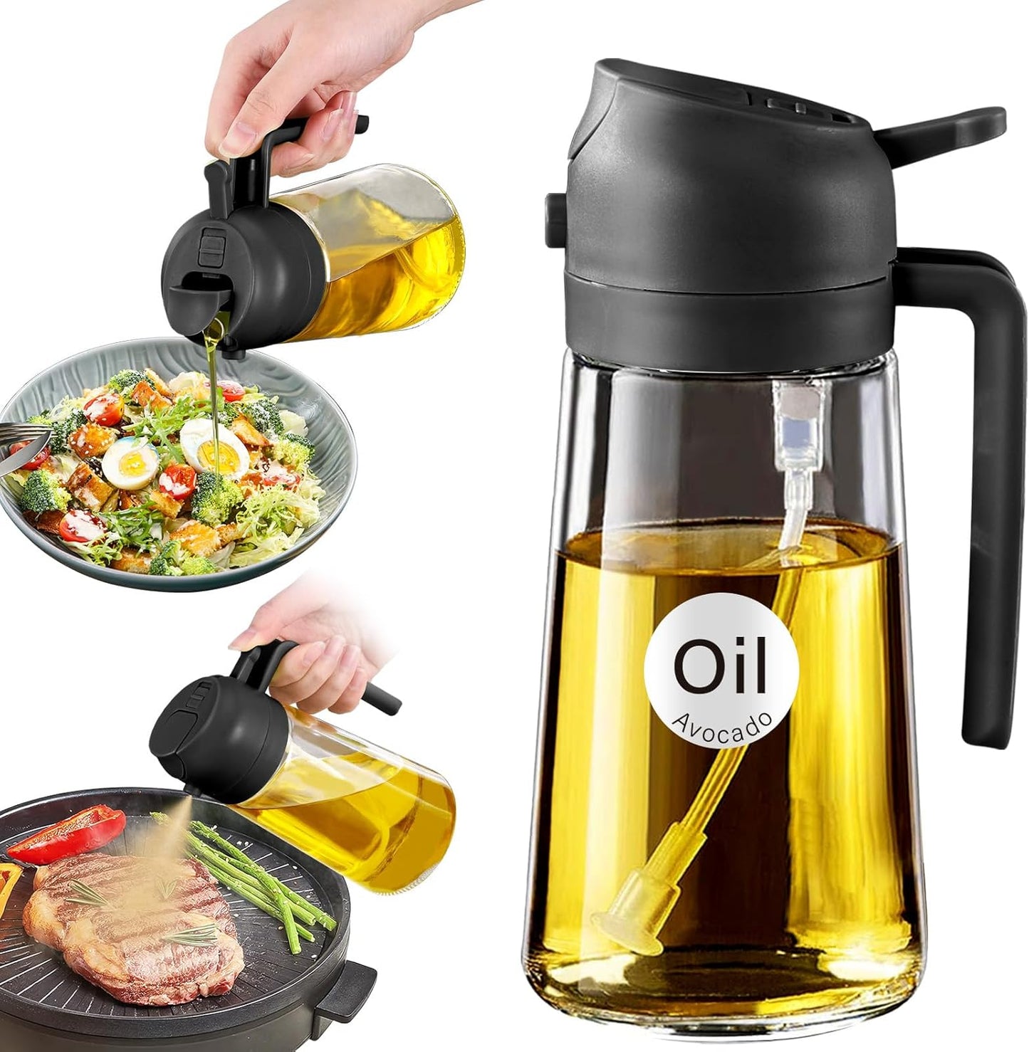 470ml Glass Olive Oil Sprayer for Cooking with Stickers, 2 in 1 Oil Dispenser for Kitchen Gadgets, Food Grade Premium Spray Bottle with Portion Control for Salad, Frying, BBQ (Black)
