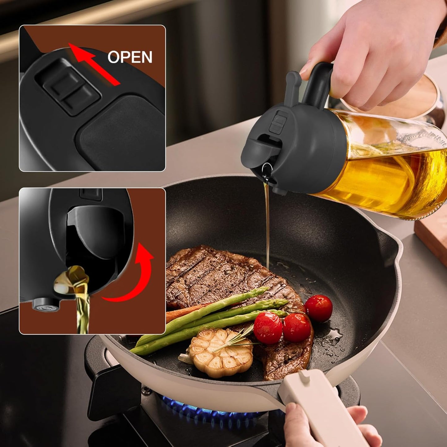 470ml Glass Olive Oil Sprayer for Cooking with Stickers, 2 in 1 Oil Dispenser for Kitchen Gadgets, Food Grade Premium Spray Bottle with Portion Control for Salad, Frying, BBQ (Black)