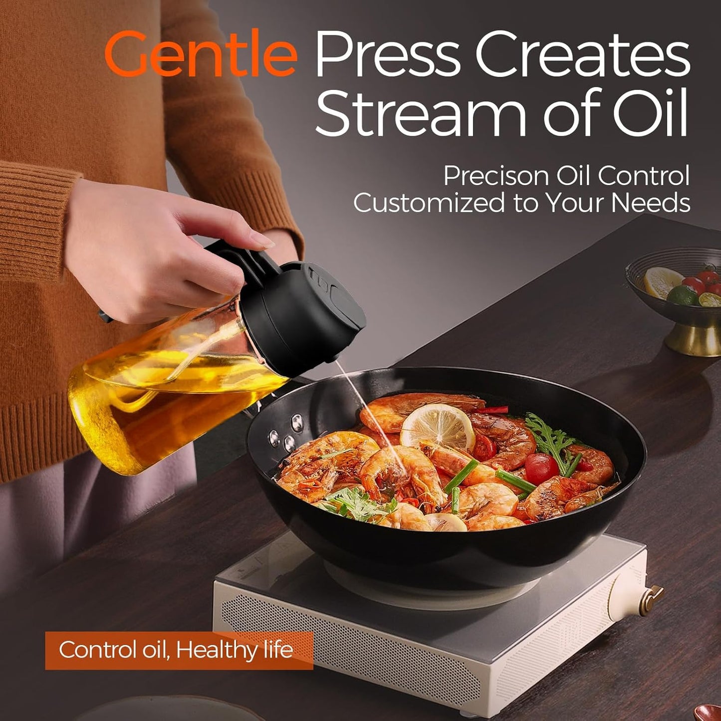470ml Glass Olive Oil Sprayer for Cooking with Stickers, 2 in 1 Oil Dispenser for Kitchen Gadgets, Food Grade Premium Spray Bottle with Portion Control for Salad, Frying, BBQ (Black)