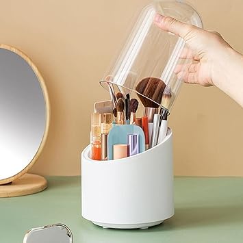 Portable Makeup Brush Holder with lid, 7 Compartment Cosmetic Storage Organizer, Rotating Pen Holder, Kitchen Organizer, Dustproof Countertop Makeup Storage Cases for Vanity (1)