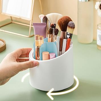 Portable Makeup Brush Holder with lid, 7 Compartment Cosmetic Storage Organizer, Rotating Pen Holder, Kitchen Organizer, Dustproof Countertop Makeup Storage Cases for Vanity (1)