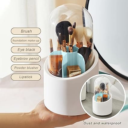 Portable Makeup Brush Holder with lid, 7 Compartment Cosmetic Storage Organizer, Rotating Pen Holder, Kitchen Organizer, Dustproof Countertop Makeup Storage Cases for Vanity (1)