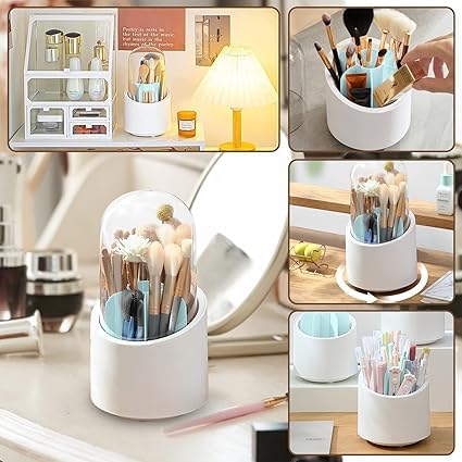 Portable Makeup Brush Holder with lid, 7 Compartment Cosmetic Storage Organizer, Rotating Pen Holder, Kitchen Organizer, Dustproof Countertop Makeup Storage Cases for Vanity (1)