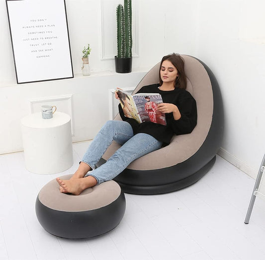 Portable Inflatable Sofa Chair with Ottoman, Plush Smooth Foam, for Living Room, Bedroom, Kids Room, Outdoor Camping, Beige