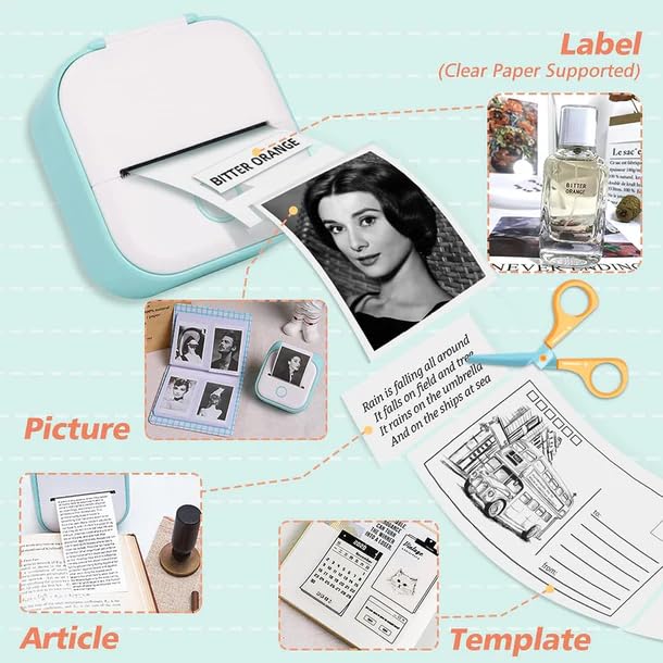 Mini Pocket Printer Portable 58mm Thermal Printer Machine for Picture Label DIY Handcraft List Journal Receipt Paper Instant Sticker with 1 Roll Thermal 98