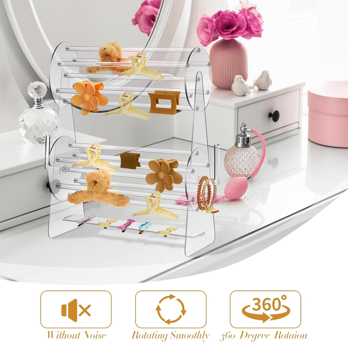 Lineshading Acrylic Claw Clip Holder 360 Degree Rotating Claw Clip Organizer Girl Hair Accessories Organizer Storage Display Clear Stand for Girl Women Vanity Dressing Table (Round Style)
