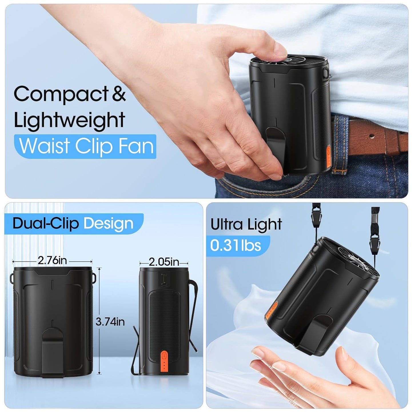 AI Portable Fan Rechargeable, 4 Speeds 6600RPM Strong Airflow, Personal Waist Fan with up to 25H of Working Time, Hands-Free Hanging Neck Fan, Wearable Belt Fan for Camping, Outdoor, Jobsite