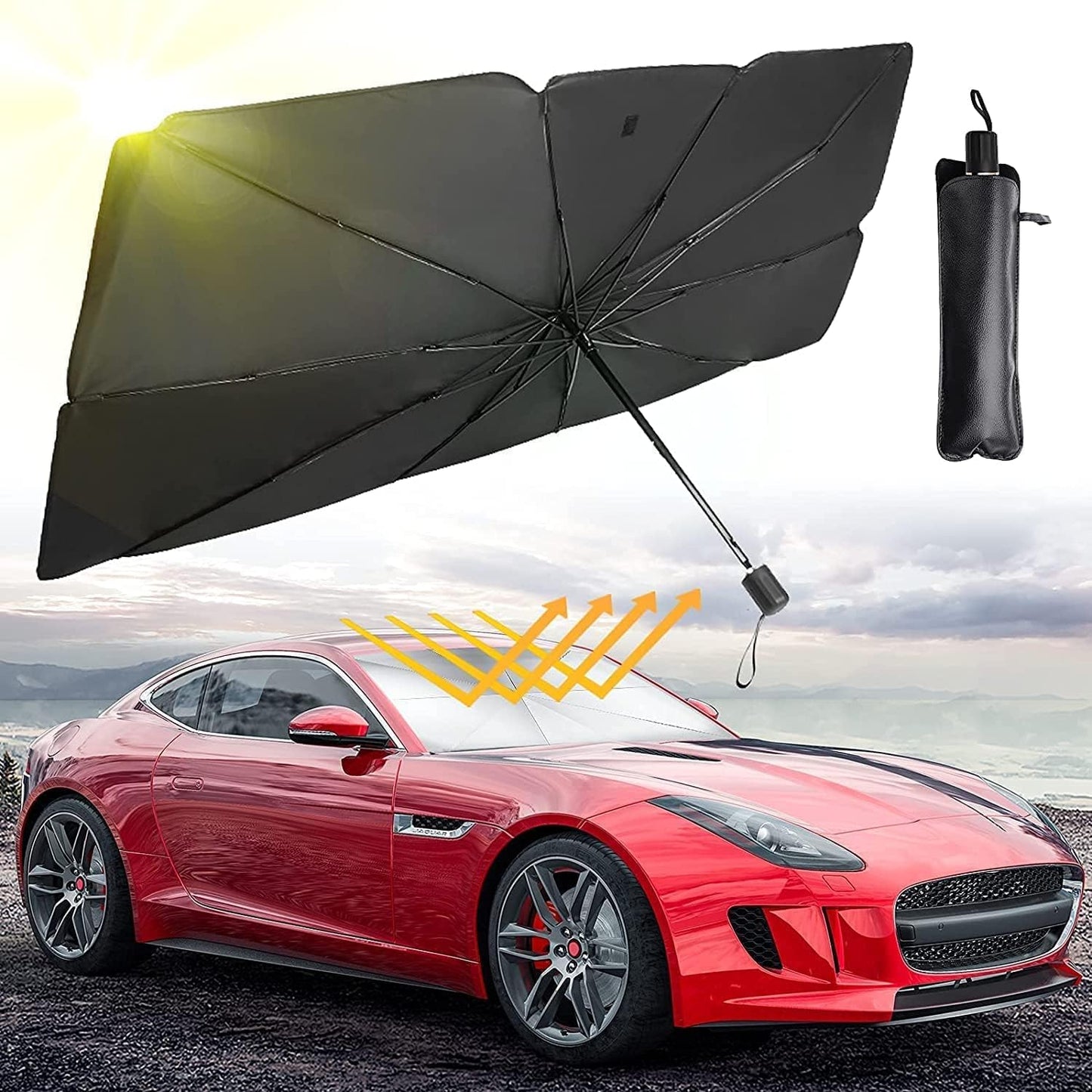 Car Sun Umbrella - Windshield Sun Shade Umbrella UV Resistant Car Window Sunshade Foldable Reflector Umbrella for Car Vehicle Truck, Full Cover Sun Shade for Most Vehicles (Black, Pack of 1)