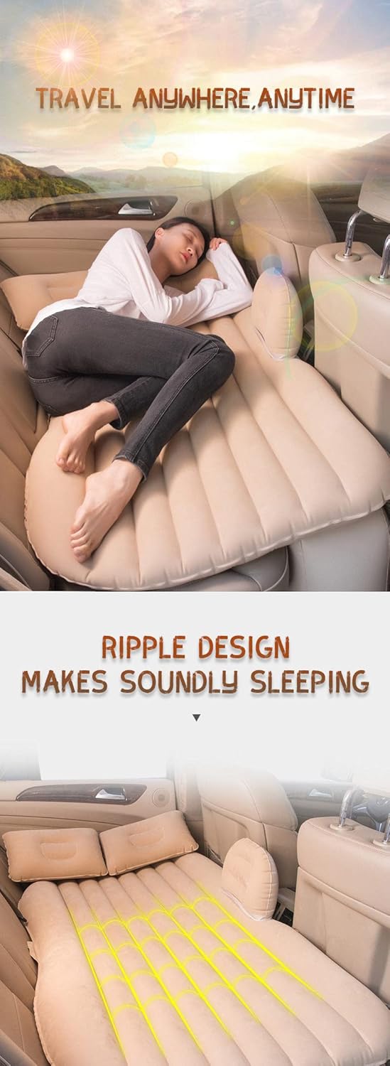 Car Travel Vehicle Inflatable Cushion Car Mattress with Two Pillows Car Pump and Rep Tikki for Car Travel (53.5 x 32.2 x 16.5 Inches, Cream)