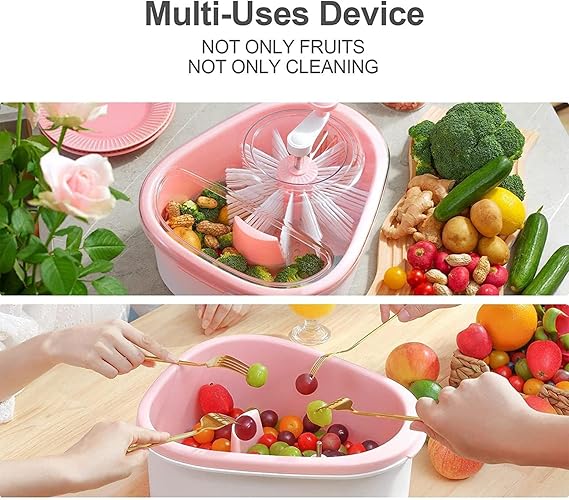 Fruit Cleaner Device, Large Fruit Washer Spinner with Brush, Fruit Cleaner with Fruit Washing Bowl,Portable Fruit Scrubber, Fruit and Vegetable Cleaner with Fruit Spinner Bowl,Vegetable Cleaner(Pink)