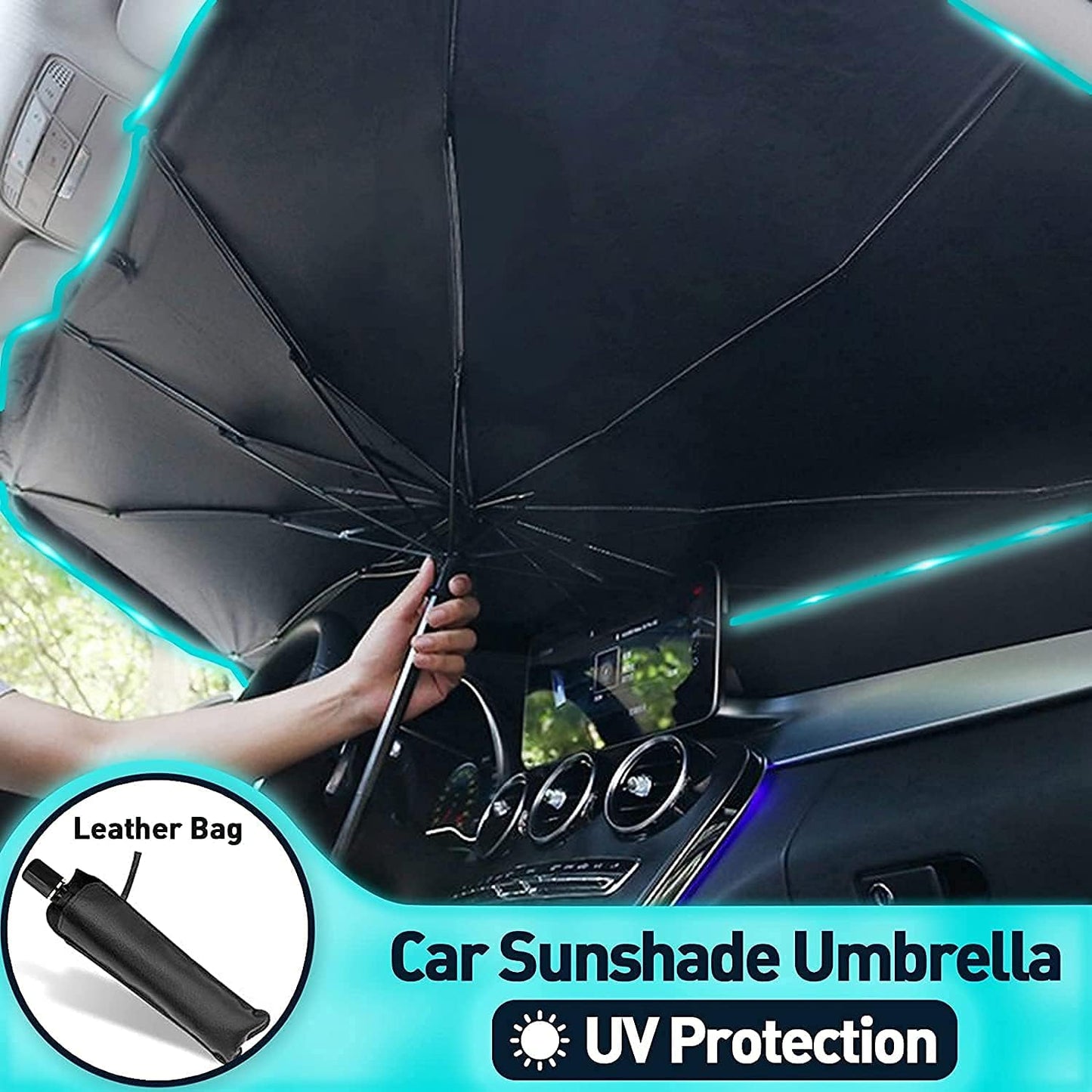 Car Sun Umbrella - Windshield Sun Shade Umbrella UV Resistant Car Window Sunshade Foldable Reflector Umbrella for Car Vehicle Truck, Full Cover Sun Shade for Most Vehicles (Black, Pack of 1)