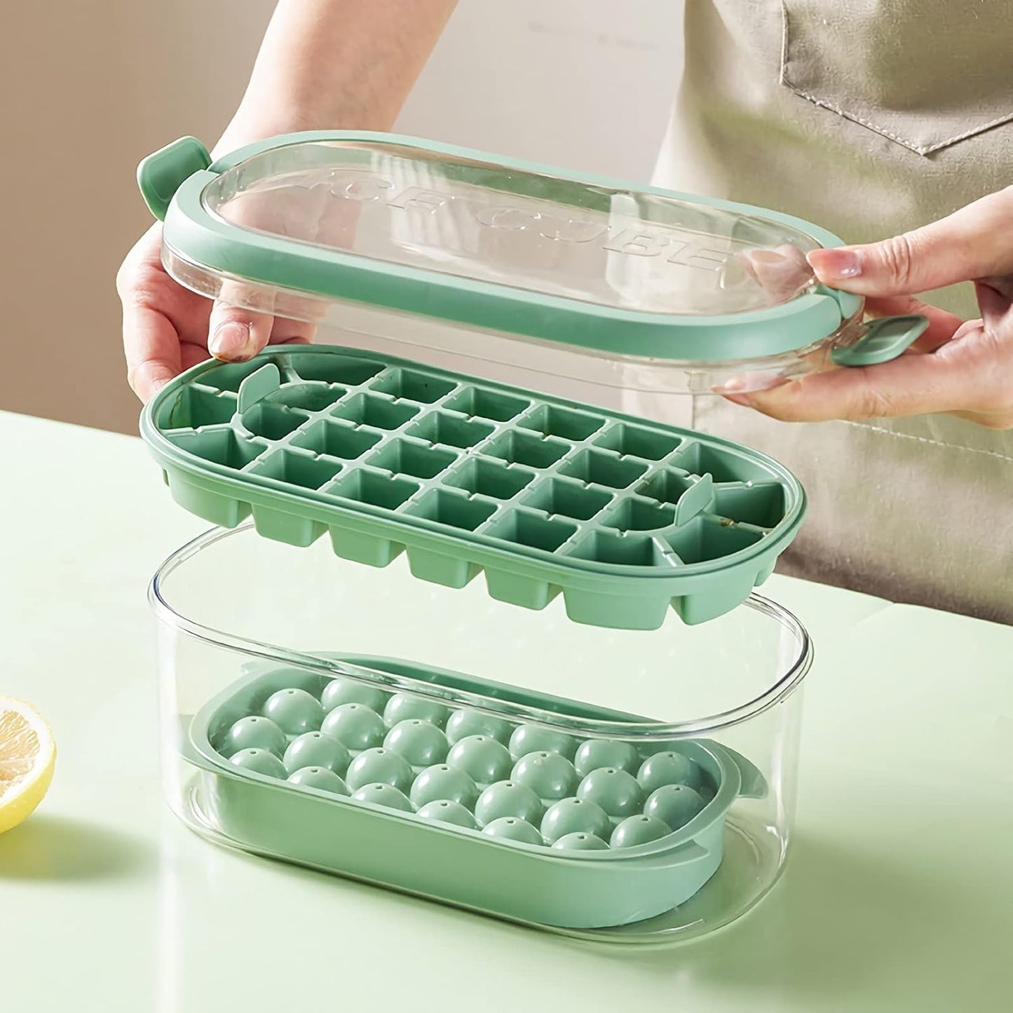 Double Layer Ice Cube Moulds-Stacking Design Ice Cube Tray, Food Material Ball Ice Cube Moulds, Quick Ice Removal Ice Cube Tray with Lid for Cooling Cocktails, Whiskey, Tea and Coffee…