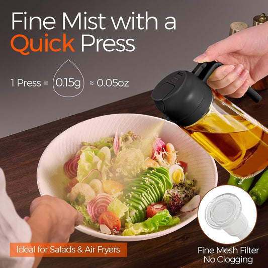 470ml Glass Olive Oil Sprayer for Cooking with Stickers, 2 in 1 Oil Dispenser for Kitchen Gadgets, Food Grade Premium Spray Bottle with Portion Control for Salad, Frying, BBQ (Black)